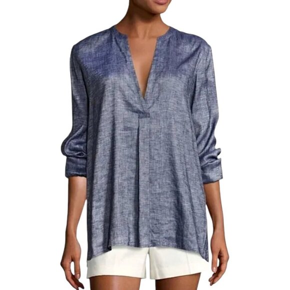 THEORY Ofeliah Linen Blend Tunic Top Tierra Wash V-Neck Split Back - Picture 1 of 7